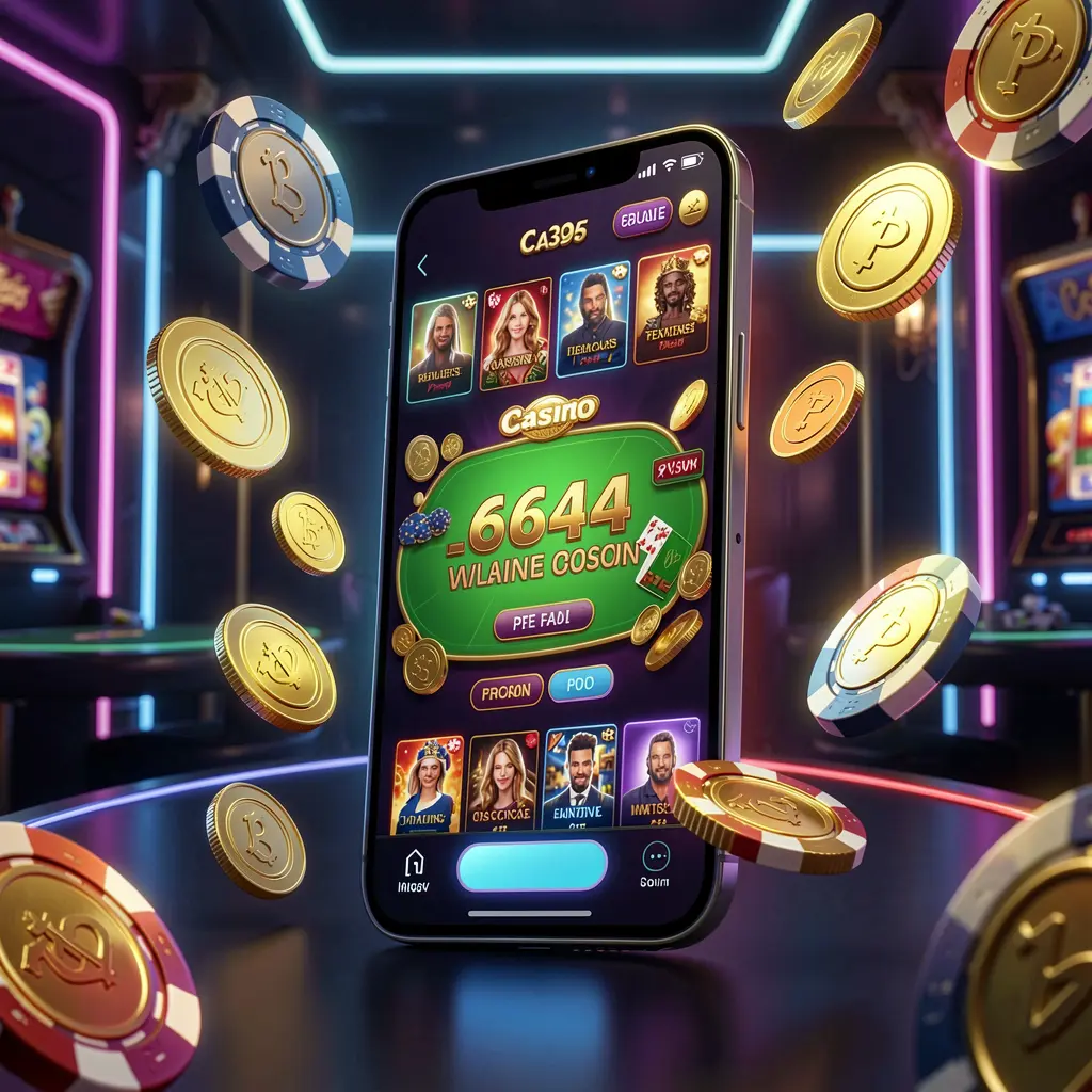 S3BD online casino mobile app hero banner showing a modern smartphone with a glowing casino interface, golden coins and poker chips flying around against a dark luxury background with neon accents