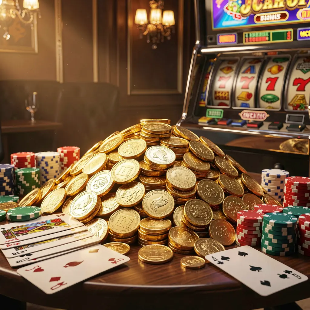 S3BD jackpot bonus scene featuring a huge pile of golden coins, poker chips, and playing cards with a slot machine in the background under cinematic luxury lighting