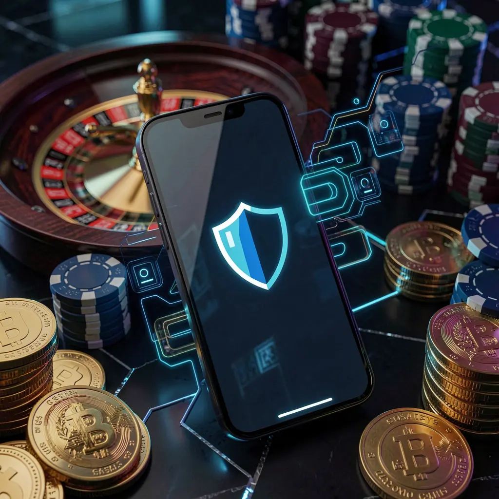 S3BD secure mobile casino login screen showing a phone with a shield icon, roulette wheel, poker chips, and golden coins in a dark cyber luxury atmosphere
