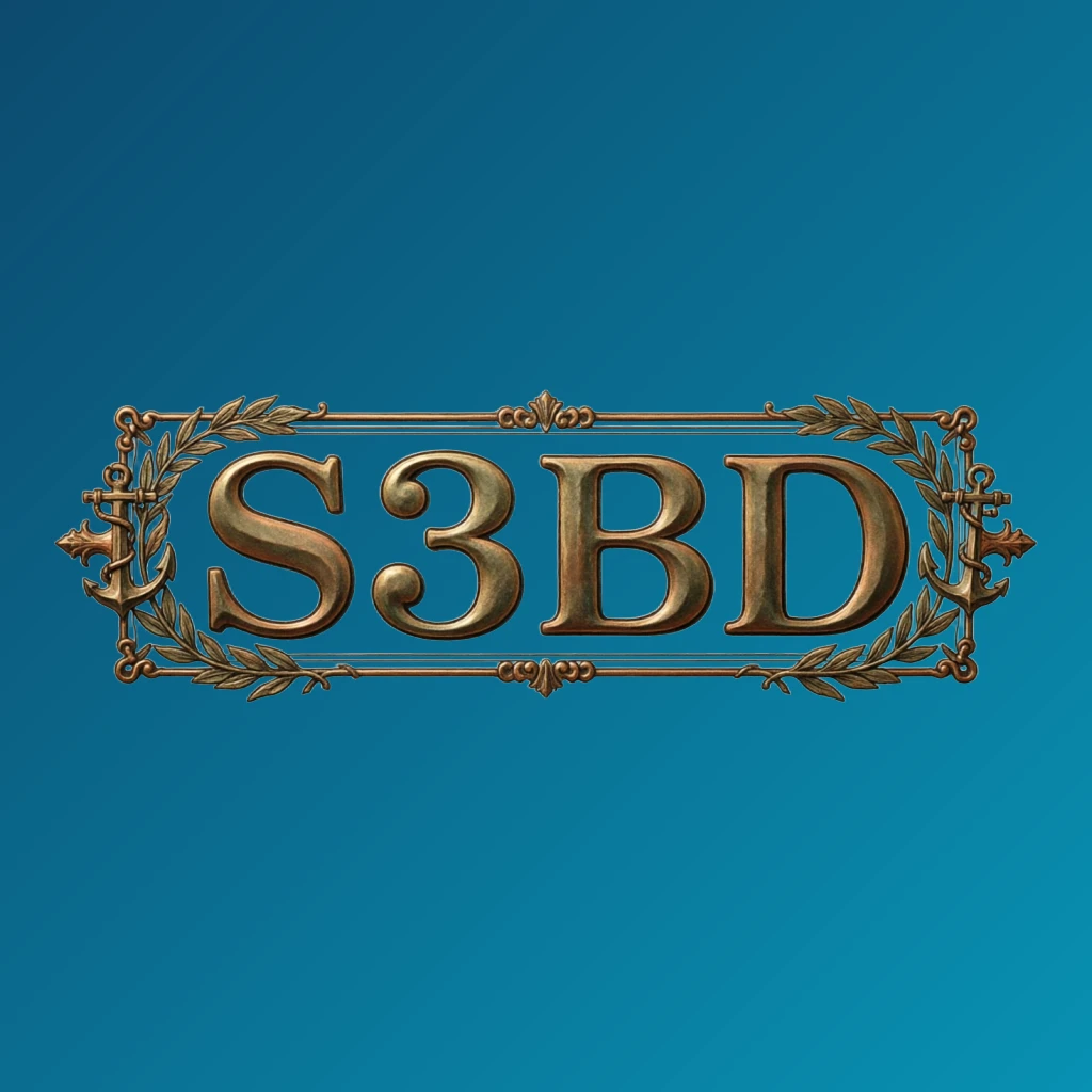 Vintage emblem logo of S3BD featuring classic typography and an ornamental frame in a retro premium style with a transparent background, designed as a wide horizontal rectangular wordmark for website headers.