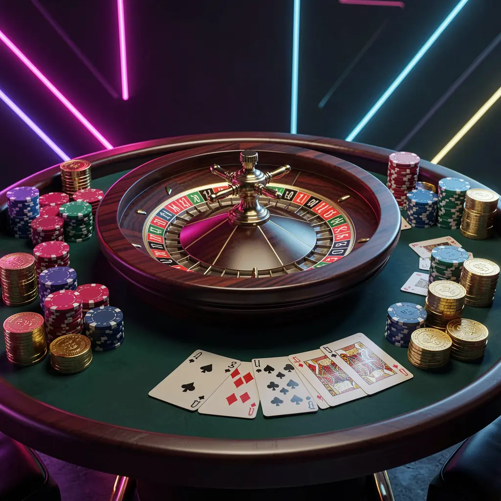 Luxury casino table with roulette wheel, poker chips, playing cards, and golden coins on a dark premium background with neon glow, showcasing S3BD's online casino homepage hero banner in a cinematic 3D render